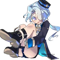 Rule 34 | 1boy, androgynous, ankle strap, aqua hair, artist name, ass, black hat, clothes, coat, coattails, embarrassed, gloves, hat, highres, honkai: star rail, honkai (series), legs, legs together, long sleeves, misha (honkai: star rail), naomifiction, open mouth, ponytail, purple eyes, shoes, short shorts, shorts, thigh strap, thighs, twitter username, white background, white gloves