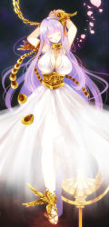 Rule 34 | 1girl, armlet, athena, bdsm, bird, bondage, bound, breasts, chain, choker, cleavage, dragon, dress, closed eyes, gold, golden, head tilt, jewelry, kido saori, large breasts, long hair, long image, lots of jewelry, necklace, ornament, pegasus, petals, phoenix, purple hair, saint seiya, sandals, scepter, see-through, shima chiyo, solo, space, tall image, very long hair