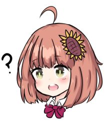 Rule 34 | 1girl, ?, ahoge, bailingxiao jiu, blush, bow, brown hair, flower, green eyes, hair flower, hair ornament, honma himawari, nijisanji, open mouth, portrait, purple bow, round teeth, simple background, solo, sunflower, sunflower hair ornament, teeth, upper teeth only, virtual youtuber, white background, wing collar, yellow flower