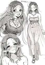 Rule 34 | 1girl, bare shoulders, blush, braid, breasts, cleavage, closed eyes, dress, embarrassed, full body, greyscale, hair ornament, hairclip, hatenokatasumi, jewelry, long dress, long hair, looking at viewer, looking to the side, medium breasts, monochrome, multiple views, necklace, nintendo, parted bangs, pointy ears, princess zelda, sidelocks, solo, strapless, strapless dress, sweat, the legend of zelda, the legend of zelda: breath of the wild, thick eyebrows, upper body, white background