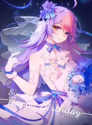 Rule 34 | 1girl, 2022, absurdres, bare shoulders, benghuai xueyuan, bride, character name, closed mouth, confetti, dated, dress, flower, gloves, hair flower, hair ornament, happy birthday, heterochromia, highres, honkai (series), long hair, multicolored hair, purple flower, purple hair, silence (pixiv18541142), sin mal (benghuai xueyuan), sleeveless, sleeveless dress, smile, solo, two-tone hair, wedding dress, white dress, white gloves, yellow eyes