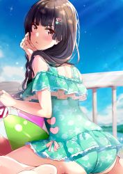 Rule 34 | 1girl, aqua one-piece swimsuit, ass, ball, bare shoulders, barefoot, beachball, black hair, blue sky, blunt bangs, blush, breasts, casual one-piece swimsuit, closed mouth, crescent, day, frilled swimsuit, frills, hair ornament, hairclip, heart, heart hair ornament, highres, idolmaster, idolmaster shiny colors, light rays, long hair, looking at viewer, looking back, mayuzumi fuyuko, medium breasts, nira (vira), one-piece swimsuit, outdoors, pink ribbon, print swimsuit, railing, red eyes, ribbon, sitting, sky, solo, star (sky), sunbeam, sunlight, swimsuit, wariza