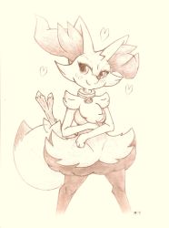 Rule 34 | 1girl, animal ears, animal hands, artist name, beige background, blush, braixen, breasts, closed mouth, collar, creatures (company), cropped legs, female focus, fox ears, fox tail, fullfolka, furry, furry female, game freak, gen 6 pokemon, happy, heart, highres, jpeg artifacts, legs apart, light blush, looking at viewer, medium breasts, monochrome, nintendo, no nipples, poke ball theme, pokemon, pokemon (creature), signature, simple background, smile, solo, standing, stick, tail, traditional media