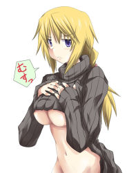Rule 34 | 10s, 1girl, blonde hair, bottomless, breasts, charlotte dunois, clothes lift, frown, infinite stratos, large breasts, mister (black and white), naked sweater, navel, ponytail, purple eyes, purple hair, solo, sweater, sweater lift, turtleneck, underboob