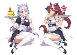Rule 34 | 2girls, :o, ;d, alternate costume, animal ears, apron, aqua ribbon, bad id, bad twitter id, bare shoulders, black footwear, blue eyes, breasts, brown hair, cake, carrot, clenched teeth, commentary, detached collar, detached sleeves, dot nose, dress, ear ornament, enmaided, food, forehead, frilled apron, frilled dress, frilled sleeves, frills, fruit, full body, grin, hair between eyes, hand to own mouth, holding, holding tray, horse ears, horse girl, horse tail, horseshoe ornament, jewelry, long hair, looking at viewer, maid, mary janes, medium breasts, mejiro mcqueen (umamusume), multicolored hair, multiple girls, necklace, one eye closed, open mouth, parfait, ponytail, purple eyes, purple hair, ribbon, shadow, shoes, simple background, smile, solo, strawberry, strawberry shortcake, tail, teeth, thighhighs, thighs, tokai teio (umamusume), tray, two-tone hair, umamusume, v-shaped eyebrows, vococo, white background, white hair, white thighhighs, wrist cuffs, ||/