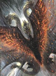 Rule 34 | aerial battle, alien, battle, dragon, electricity, embers, energy, g.n.a, glowing, glowing eyes, godzilla: king of the monsters, godzilla (series), highres, hydra, kaijuu, king ghidorah, legendary pictures, lightning, monsterverse, multiple heads, multiple tails, no humans, pteranodon, pterosaur, rain, red eyes, rodan, storm, tail, toho, wings