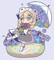 Rule 34 | 1girl, blonde hair, blue flower, blush stickers, boots, bow, braid, bright pupils, brown bow, brown dress, brown eyes, brown ribbon, chibi, commentary request, dress, flower, footwear bow, frog, hair bow, hair ornament, hairclip, highres, hoshizuki sakusa, hydrangea, long hair, low twin braids, neck ribbon, no nose, open mouth, original, paper texture, pink bow, pink flower, polka dot, puddle, purple flower, rainbow, raincoat, ribbon, solo, transparent raincoat, twin braids, umbrella, white footwear, white pupils