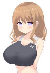 Rule 34 | 1girl, arms behind back, black sports bra, blush, breasts, brown hair, cleavage, closed mouth, collarbone, commentary request, covered erect nipples, dolphin wave, hair between eyes, highres, large breasts, navel, oppai loli, purple eyes, sidelocks, simple background, solo, sports bra, suminoe shion, upper body, white background, yuu (yumezakura)
