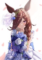 Rule 34 | 1girl, animal ears, ash kabon, blue flower, blue rose, blush, bouquet, braid, braided ponytail, bridal veil, bride, brown hair, closed mouth, dress, flower, glint, hair flower, hair ornament, hair over one eye, highres, holding, holding bouquet, horse ears, jewelry, long hair, looking at viewer, necklace, petals, purple eyes, rice shower (longed-for scenery) (umamusume), rice shower (umamusume), rose, sleeveless, sleeveless dress, smile, solo, umamusume, upper body, veil, wedding dress, white dress, white flower, white rose