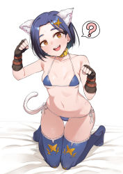 Rule 34 | 1girl, :d, ?, animal ear fluff, animal ears, belt collar, bikini, blue bikini, blue hair, blue thighhighs, blush, breasts, brown eyes, brown gloves, cat ears, cat tail, collar, fingerless gloves, full body, gloves, hair ornament, hairclip, hands up, head tilt, heart, heart-shaped pupils, looking at viewer, medium breasts, navel, on bed, open mouth, paw pose, rinwell (tales), short hair, side-tie bikini bottom, simple background, smile, solo, spoken question mark, sweat, swimsuit, symbol-shaped pupils, tail, tales of (series), tales of arise, thigh gap, thighhighs, tiptoes, wakamesan, white background, x hair ornament