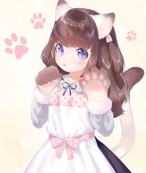Rule 34 | 1girl, :p, animal ears, animal hands, apron, blush, brown hair, cat ears, cat girl, cat tail, commentary request, cowboy shot, dress, gloves, grey dress, highres, long hair, looking at viewer, mutou mato, original, paw gloves, paw print, purple eyes, solo, tail, tongue, tongue out, upper body