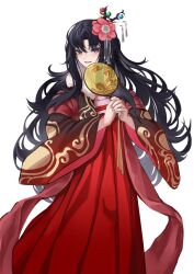 Rule 34 | 1girl, absurdres, adapted costume, ailu elf, black hair, branch, chinese clothes, commentary request, feet out of frame, flower, fur trim, hair flower, hair ornament, hand fan, hanfu, highres, holding, holding fan, houraisan kaguya, jeweled branch of hourai, long hair, long sleeves, open mouth, partial commentary, pink flower, purple eyes, qixiong ruqun, red skirt, ruqun, simple background, skirt, smile, solo, touhou, transparent fan, tuanshan, white background, wide sleeves