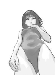 Rule 34 | 1girl, bucho, foreshortening, from below, greyscale, highleg, highleg swimsuit, monochrome, one-piece swimsuit, simple background, solo, swimsuit