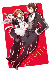 Rule 34 | 1boy, 1girl, alternate costume, alvin (tales), apron, black thighhighs, brown eyes, brown hair, butler, copyright name, dessert, enmaided, food, food in mouth, formal, full body, gloves, green eyes, grin, hairband, leia rolando, maid, maid apron, mohi (neku re), mouth hold, official alternate costume, pocky, pocky day, red background, short hair, skirt, smile, suit, tales of (series), tales of xillia, thighhighs, tray