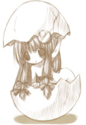 Rule 34 | 1girl, completely nude, crescent, crescent hair ornament, egg, female focus, graphite (medium), hair ornament, izumi yukiru, long hair, low-tied long hair, monochrome, no nose, nude, patchouli knowledge, ribbon, solo, touhou, traditional media