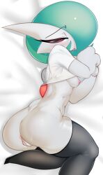 Rule 34 | 1girl, absurdres, anus, ass, back, bed sheet, black thighhighs, blush, bob cut, bottomless, breasts, cleft of venus, clothes lift, colored skin, creatures (company), crop top, drooling, female focus, fir3born, from above, game freak, gardevoir, gen 3 pokemon, green hair, hair over one eye, half-closed eyes, hands up, highres, looking at viewer, lying, nintendo, nipples, no bra, on side, one eye covered, open mouth, own hands together, pokemon, pokemon (creature), pussy, pussy juice, raised eyebrows, red eyes, saliva, see-through, shiny skin, shirt, shirt lift, short hair, short sleeves, skindentation, small breasts, solo, sweat, thick thighs, thighhighs, thighs, uncensored, white background, white shirt, white skin, wide hips