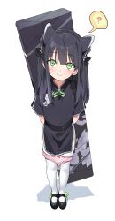 Rule 34 | 1girl, ?, absurdres, aged down, animal ear fluff, animal ears, arms behind back, bag, black bow, black dress, black footwear, blue archive, blush, bow, chinese clothes, closed mouth, commentary, commentary request, dorontabi, dress, full body, green eyes, green ribbon, hair bow, highres, long hair, looking at viewer, panties, panty pull, pink panties, ribbon, shadow, shoes, short sleeves, shun (blue archive), shun (small) (blue archive), simple background, smile, solo, speech bubble, standing, thighhighs, underwear, white background, white thighhighs