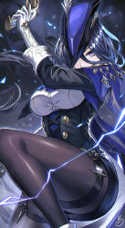 Rule 34 | 1girl, antique firearm, arm up, black hair, blue hair, breasts, clorinde (genshin impact), corset, firearm, genshin impact, gun, hat, highres, holding, holding gun, holding weapon, koissa, large breasts, lightning, looking at viewer, multicolored hair, pantyhose, plume, purple eyes, solo, streaked hair, thigh strap, tricorne, weapon