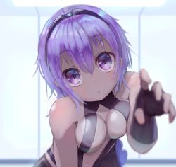 Rule 34 | 1girl, :o, bare shoulders, black gloves, blush, breasts, cleavage, dark skin, dark-skinned female, fate/grand order, fate/prototype, fate/prototype: fragments of blue and silver, fate (series), fingerless gloves, gloves, hair between eyes, hassan of serenity (fate), looking at viewer, medium breasts, open mouth, p answer, purple eyes, purple hair, short hair, solo