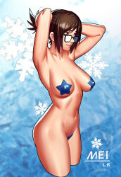 Rule 34 | 1girl, armpits, arms behind back, black-framed eyewear, blue background, breasts, breasts apart, brown eyes, brown hair, character name, closed mouth, collarbone, covered erect nipples, cropped legs, from side, glasses, gradient background, highres, l.k, lips, maebari, mature female, medium breasts, mei (overwatch), navel, nude, overwatch, overwatch 1, pasties, ponytail, sagging breasts, short hair, smile, snowflake background, solo, standing, star pasties, stomach, thighs