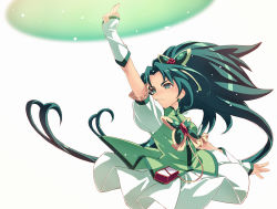 Rule 34 | 00s, 1girl, akimoto komachi, arm up, cure mint, dress, earrings, frown, green eyes, green hair, hair ornament, jewelry, long hair, magic, magical girl, matching hair/eyes, pouch, precure, simple background, solo, tasaka shinnosuke, very long hair, white background, yes! precure 5