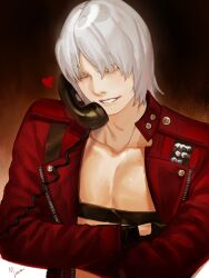 Rule 34 | 1boy, absurdres, belt bra, bishounen, cellphone, closed eyes, coat, dante (devil may cry), devil may cry, devil may cry (series), devil may cry 3, highres, holding, holding phone, male focus, phone, red coat, smile, solo, talking on phone, white hair, yora owo
