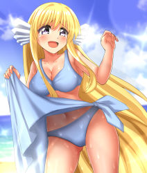 Rule 34 | 1girl, absurdres, beach, bikini, blonde hair, blue eyes, blue sky, breasts, clothes lift, cloud, collarbone, commentary request, commission, cowboy shot, day, fins, head fins, highres, large breasts, long hair, looking at viewer, maria (mermaid melody pichi pichi pitch), mermaid melody pichi pichi pitch, open mouth, outdoors, pixiv commission, sarong, sky, smile, solo, swimsuit, underwear, white bikini, zanntetu