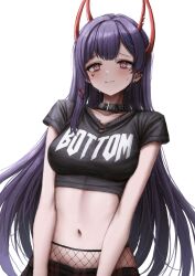 Rule 34 | 1girl, absurdres, akuma nihmune, black shirt, blush, breasts, closed mouth, clothes writing, collar, crop top, ear piercing, fake horns, fishnet pantyhose, fishnets, goth fashion, highres, horns, indie virtual youtuber, large breasts, lobsteranian, long hair, looking at viewer, navel, pantyhose, piercing, purple hair, red eyes, shirt, short sleeves, simple background, solo, stomach, sweat, upper body, very long hair, virtual youtuber, wavy mouth, white background