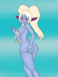 Rule 34 | 1girl, ass, blonde hair, blue skin, colored skin, highres, league of legends, long ears, nipples, nude, pointy ears, poppy (league of legends), purple eyes, tagme, twintails, yordle