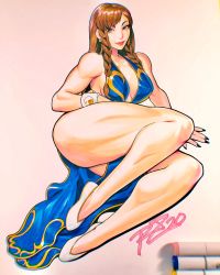Rule 34 | 1girl, alternate footwear, alternate hair length, alternate hairstyle, ass, backless dress, backless outfit, bare legs, bare shoulders, black nails, bracelet, braid, breasts, capcom, chinese clothes, chromatic aberration, chun-li, cleavage, commentary, dress, english commentary, fingernails, flats, hair down, highres, huge ass, jewelry, large breasts, legs, legs together, lips, lipstick, long braid, long dress, long fingernails, long hair, long legs, looking at viewer, lying, makeup, marker (medium), nail polish, no bra, official alternate costume, on side, pelvic curtain, photo (medium), plunging neckline, robaato, side braids, sideboob, solo, spiked bracelet, spikes, street fighter, street fighter v, thick thighs, thighs, traditional media, white footwear
