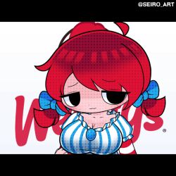 Rule 34 | 1girl, animated, animated gif, breasts, dot nose, eyes visible through hair, leaning forward, looking at viewer, medium breasts, product girl, seiro, shiny clothes, shiny skin, sidelocks, skindentation, solo, standing, wendy&#039;s, wendy (wendy&#039;s)