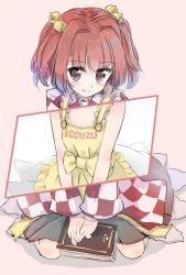 Rule 34 | 1girl, apron, bell, blush, book, bow, character name, checkered clothes, checkered kimono, clothes writing, hair bell, hair ornament, japanese clothes, jpeg artifacts, kimono, long sleeves, looking at viewer, motoori kosuzu, naked apron, orange hair, pink background, puuakachan, short hair, simple background, sitting, skirt, smile, solo, touhou, twintails, two side up