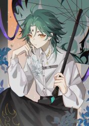Rule 34 | 1boy, alternate costume, buttons, collared shirt, cowboy shot, d-aprken, elbow on knee, facial mark, forehead mark, genshin impact, green hair, hand on own face, highres, holding, holding umbrella, long sleeves, looking at viewer, male focus, parasol, parted lips, shirt, sitting, solo, umbrella, white shirt, xiao (genshin impact), yellow eyes