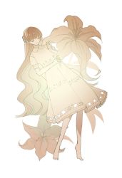 Rule 34 | 1girl, bare legs, barefoot, brown hair, commentary, curly hair, dress, flat chest, flower, flower request, full body, lace, lace-trimmed dress, lace trim, light brown hair, light smile, lily (flower), long hair, no nose, original, puffy short sleeves, puffy sleeves, short sleeves, simple background, solo, very long hair, white background, white dress, white flower, white theme, zero (jckz2334)