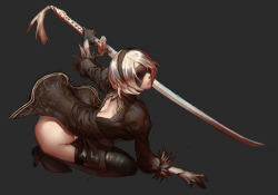 Rule 34 | 1girl, ass, black dress, black footwear, black thighhighs, blindfold, boots, commentary request, dress, full body, gloves, hairband, high heels, holding, holding sword, holding weapon, katana, kitsune n, kneeling, nier (series), nier:automata, silver hair, simple background, solo, sword, thigh boots, thighhighs, weapon, 2b (nier:automata)