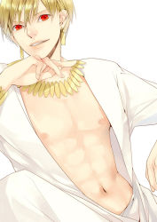Rule 34 | 1boy, bad id, bad pixiv id, blonde hair, bracelet, chm, earrings, fate/zero, fate (series), gilgamesh (fate), jewelry, male focus, necklace, nipples, open clothes, open shirt, red eyes, shirt, solo, white background