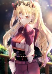 Rule 34 | 1girl, absurdres, alternate costume, arm behind head, blonde hair, blush, breasts, closed mouth, commentary request, crown, earrings, ereshkigal (fate), fate/grand order, fate (series), floral print, hair ornament, hair ribbon, highres, japanese clothes, jewelry, kimono, light particles, long hair, looking at viewer, night, night sky, obi, outdoors, parted bangs, print kimono, red eyes, red kimono, red ribbon, ribbon, sash, signature, sky, smile, solo, tree, two side up, wide sleeves, yukata, yuki haru
