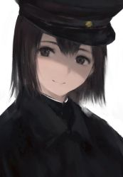 Rule 34 | 1girl, akitsu maru (kancolle), black coat, black eyes, black hair, close-up, coat, hat, highres, hometa, kantai collection, looking at viewer, military, military uniform, pale skin, peaked cap, short hair, simple background, smile, solo, uniform, upper body, white background