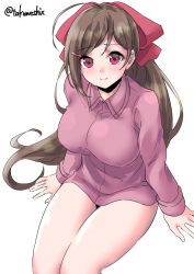 Rule 34 | 1girl, brown hair, commentary request, dress shirt, hair ornament, hair ribbon, hairclip, highres, invisible chair, kantai collection, long hair, looking at viewer, mamiya (kancolle), no pants, one-hour drawing challenge, pink shirt, red eyes, ribbon, shirt, simple background, sitting, solo, takomeshi, white background