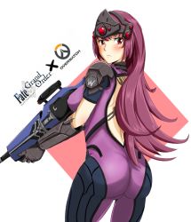 Rule 34 | 1girl, ass, back cutout, backless outfit, bad id, bad pixiv id, black gloves, blush, bodysuit, breasts, clothing cutout, copyright name, cosplay, cowboy shot, fate/grand order, fate (series), from behind, gloves, gun, holding, holding gun, holding weapon, honyaa~, logo, long hair, looking back, overwatch, overwatch 1, purple bodysuit, purple hair, red eyes, scathach (fate), short sleeves, simple background, solo, visor, weapon, white background, widowmaker (overwatch), widowmaker (overwatch) (cosplay)