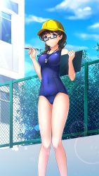 Rule 34 | 1girl, baseball cap, black-framed eyewear, black hair, blue eyes, blue one-piece swimsuit, blue sky, braid, breasts, character request, cloud, collarbone, covered navel, day, doukyuusei another world, from below, game cg, glasses, hat, holding, holding pen, lens flare, long hair, medium breasts, official art, one-piece swimsuit, outdoors, pen, rectangular eyewear, school swimsuit, semi-rimless eyewear, sky, solo, standing, sunlight, swimsuit, twin braids, under-rim eyewear, whistle, whistle around neck, yellow hat