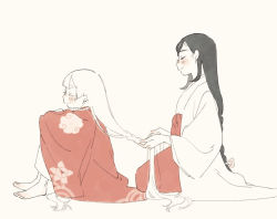 Rule 34 | 2girls, barefoot, biwa (heike monogatari), blush, braid, braided ponytail, braiding hair, closed eyes, closed mouth, coat, from side, full body, hairdressing, hakama, haori, happy, heike monogatari, holding another&#039;s hair, japanese clothes, kimono, knees up, long hair, long sleeves, low-braided long hair, low-tied long hair, multiple girls, partially colored, pixiv 67890851, profile, red coat, red hakama, seiza, sidelocks, simple background, single braid, sitting, smile, taira no tokuko, very long hair, white background, wide sleeves