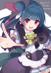 Rule 34 | 1girl, :d, absurdres, bad id, bad twitter id, black capelet, black skirt, blue hair, blunt bangs, brooch, capelet, commentary, corset, cream (nipakupa), dark blue hair, english text, feather hair ornament, feathers, foreshortening, genjitsu no yohane, grey background, hair bun, hair ornament, highres, jewelry, long hair, looking at viewer, love live!, love live! sunshine!!, open hand, open mouth, outstretched arm, overskirt, red eyes, shirt, short sleeves, single side bun, skirt, smile, solo, teeth, tsushima yoshiko, two-tone background, upper teeth only, white shirt, yohane (genjitsu no yohane)
