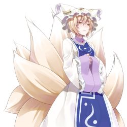 Rule 34 | 1girl, blonde hair, crote, dress, fox tail, hat, highres, multiple tails, short hair, tabard, tail, touhou, transparent background, wide sleeves, yakumo ran, yellow eyes