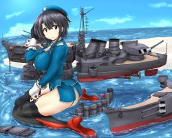 Rule 34 | 1girl, beret, black gloves, black hair, black thighhighs, blue hat, blue skirt, breasts, cannon, garter straps, gloves, hat, highres, kantai collection, large breasts, military, military uniform, miniskirt, red eyes, rigging, short hair, short hair with long locks, sidelocks, sitting, skirt, smokestack, solo, takao (kancolle), thighhighs, torpedo launcher, turret, uniform, wariza, yashio (0321)