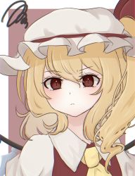 Rule 34 | 1girl, ascot, blonde hair, closed mouth, flandre scarlet, frown, hair between eyes, hat, hat ribbon, highres, looking at viewer, mob cap, pipita, puffy short sleeves, puffy sleeves, red eyes, red vest, ribbon, shirt, short sleeves, solo, squiggle, touhou, upper body, vest, white background, white hat, white shirt, wings