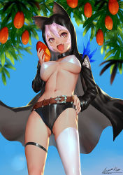 Rule 34 | 1girl, animal ear fluff, animal ears, animal hood, ariverkao, belt, bikini, bikini top only, black eyes, breasts, breasts apart, cat ears, dated, eating, eyelashes, fang, food, from below, fruit, hair between eyes, hand on own hip, hood, hooded jacket, jacket, long jacket, looking at viewer, mango, open clothes, open jacket, open mouth, original, outdoors, pink hair, short hair, short shorts, shorts, solo, standing, stomach, swimsuit, thigh strap, thighhighs, tree, white thighhighs