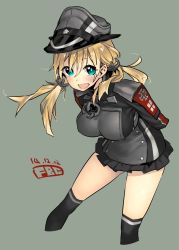 Rule 34 | 10s, 1girl, anchor hair ornament, arms behind back, blonde hair, blush, breasts, fbc, hair ornament, hat, highres, kantai collection, large breasts, long hair, long sleeves, looking at viewer, military, military uniform, open mouth, peaked cap, prinz eugen (kancolle), simple background, skirt, smile, solo, twintails