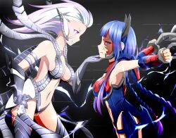 Rule 34 | 2girls, backless leotard, blood, blood on face, blue hair, blue leotard, bound, braid, breasts, center opening, clenched hands, clothing cutout, cuffs, electricity, eye trail, floating hair, from side, genderswap, genderswap (mtf), gloves, gradient hair, grey gloves, grey leotard, grey thighhighs, hair slicked back, hand on another&#039;s chin, highres, humanization, keven (ewdx3754), leotard, light trail, medium breasts, multicolored hair, multiple girls, navel, open hand, optimus prime, purple eyes, purple hair, quintessa, shackles, sideboob, smile, stomach cutout, thighhighs, transformers, transformers: the last knight, transformers (live action), twin braids, v-shaped eyebrows