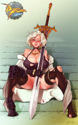 Rule 34 | 1girl, armor, artist name, bare shoulders, bbc-chan, bleeding, blood, blush, breasts, cleavage, cuts, dungeon and fighter, covered erect nipples, female pubic hair, female slayer (dungeon and fighter), full body, highres, holding, holding sword, holding weapon, injury, jewelry, large breasts, looking at viewer, majesty (dungeon and fighter), necklace, no panties, one eye closed, pubic hair, short hair, sitting, sitting on stairs, smile, solo, spread legs, stairs, sword, sword master (dungeon and fighter), thighhighs, torn clothes, vambraces, watermark, weapon, white hair